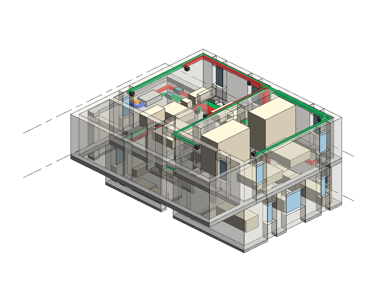 Proiect 3D de ventilație cu recuperare de căldură pentru o casă P+1E: traseele de introducere și evacuare a aerului, realizat de SmartVent