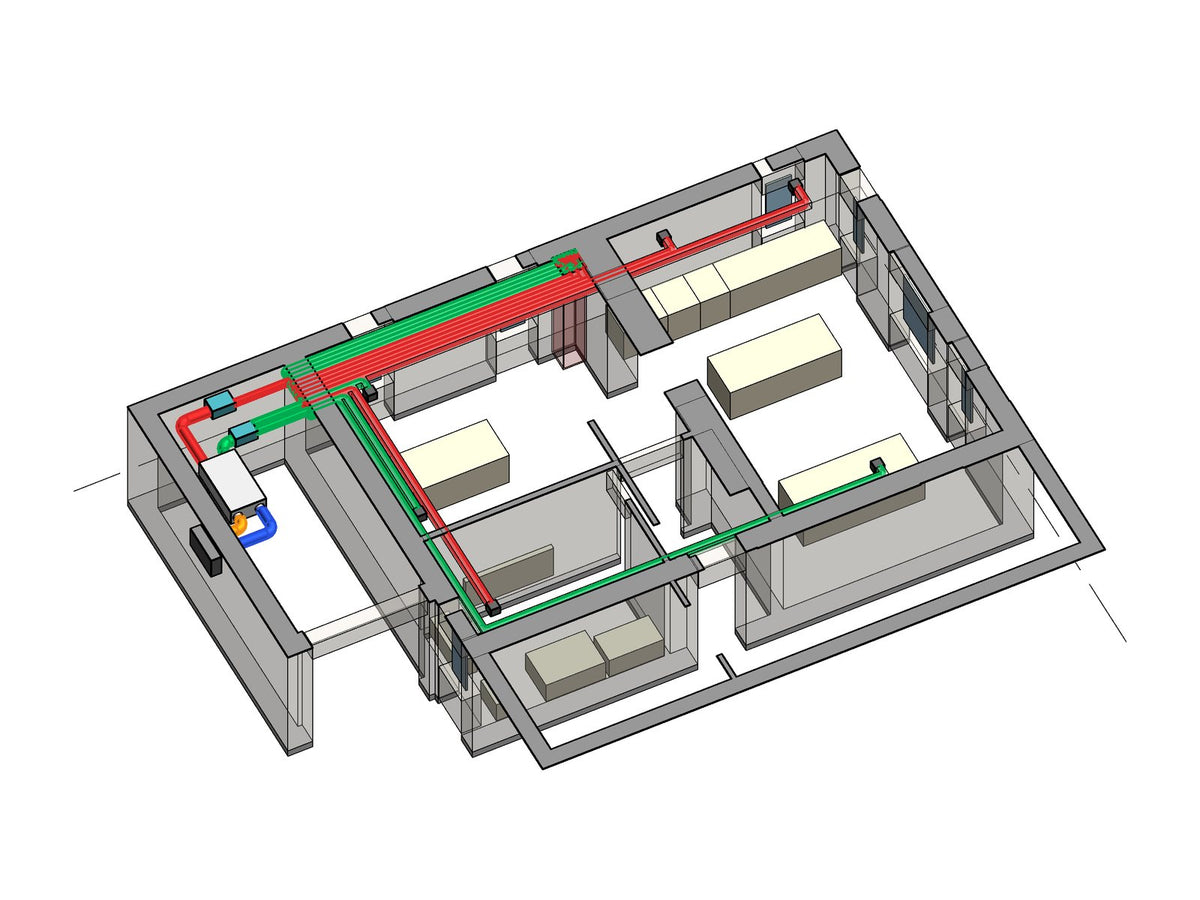 Model 3D al distribuției aerului la parter: centrala de ventilație, plenumurile și tubulatura către fiecare cameră