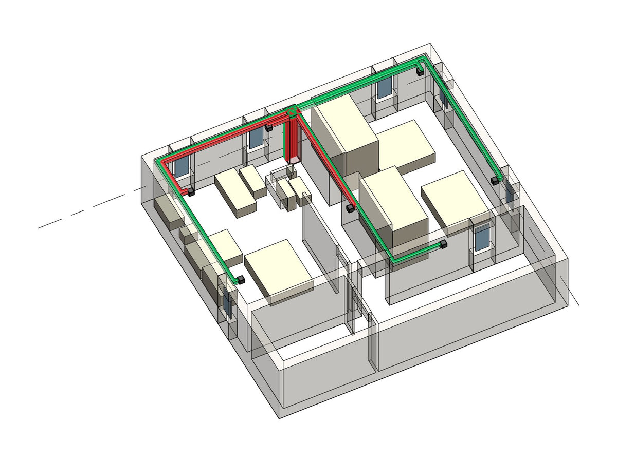 Proiect 3D de ventilație realizat de SmartVent: traseele de introducere și evacuare a aerului la etajul unei case