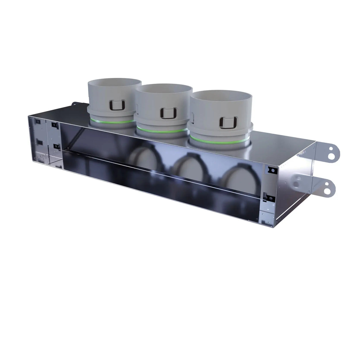 Cutie plenum de tavan / perete pentru grilă liniară – variantă unghiulară 3x90 vedere racord pentru tub flexibil si gol pentru grilaj liniar - sistem de ventilație cu recuperare de căldură - Smartvent.ro Baia Mare