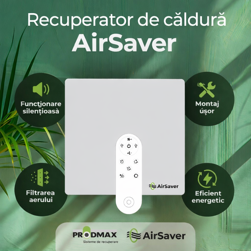 Recuperator de căldură AIRSAVER VTS125, pentru 60m3, schimbator de căldură ceramic, filtre G4, silențios