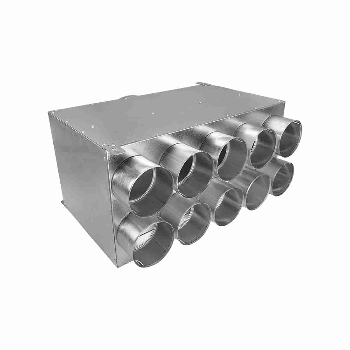  Distribuior liniar 10×75 / Ø200 vedere laterala iesiri pentru tub flexibil sistem de ventilatie - sistem de ventilație cu recuperare de căldură - Smartvent.ro Baia Mare