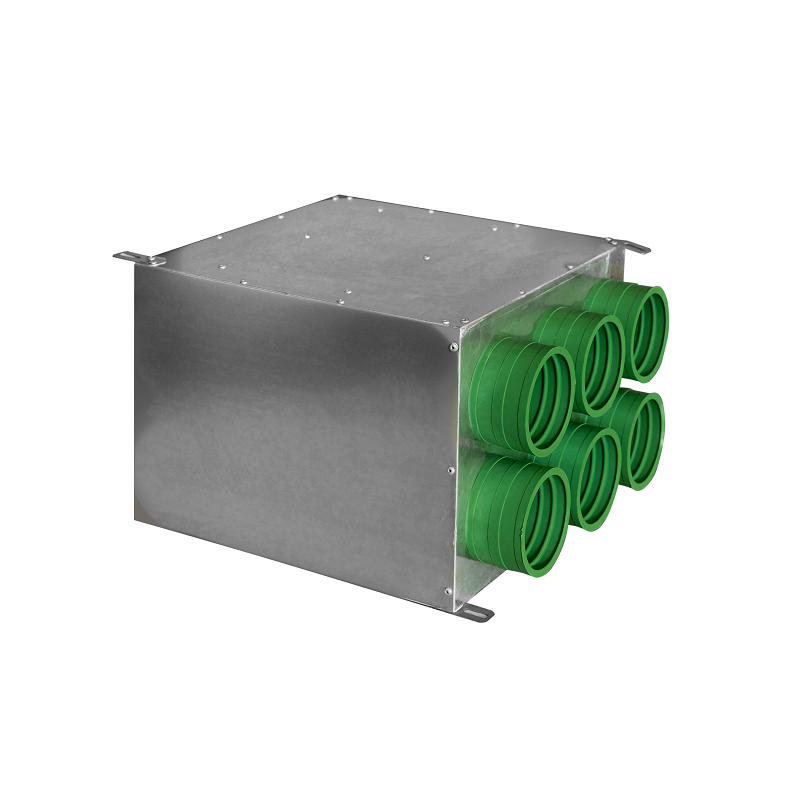 Distribuitor liniar 6x75x160_200 cu iesiri suprapuse din otel si cauciuc verde