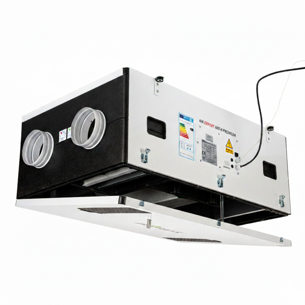 centrala ventilatie cu recuperare de caldura vedere din lateral pentru plafon cu doua iesiri carcasa metalica interior izolat fonic - sistem de ventilație cu recuperare de căldură - Smartvent.ro Baia Mare