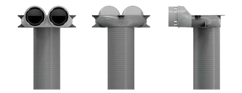 cutie plenum PP 2x90 | 80 m³/h vedere din fata din spate si din lateral culoarea gri - ventilator cu recuperare de căldură | heat recovery ventilator - Smartvent.ro Baia Mare