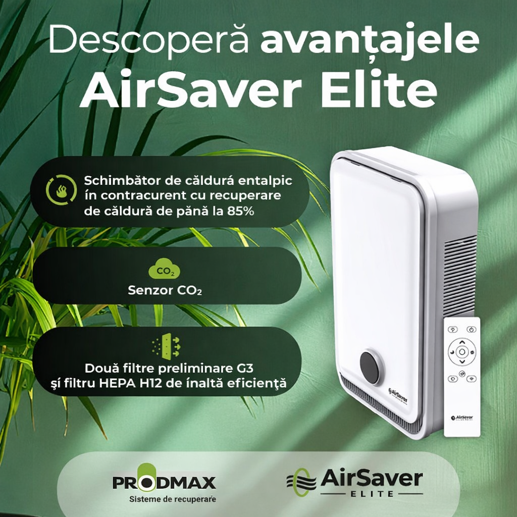 deschriere ventilator descentralizat airsave schimbator de caldura entalpic cu recuperare de caldura 85% doua filtre hepa prodmax partener smartvent romania