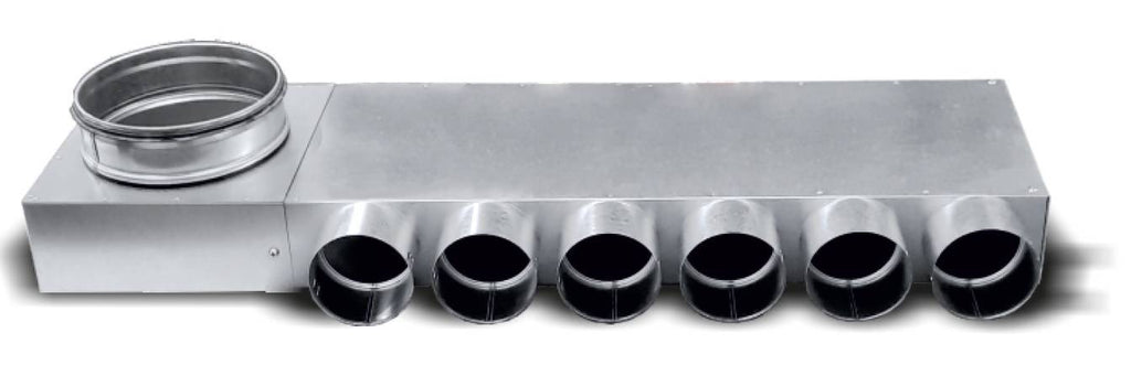 cutie distribuitor din otel galvanizat simplu cu 6 iesiri si un racord de 160 mm stanga